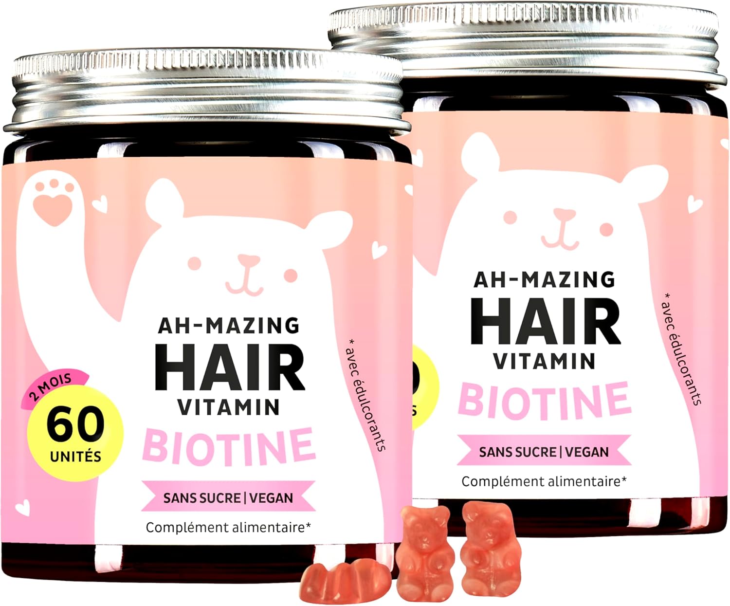 Pack de 2 - Gummies à la biotine hautement dosés - Vitamines pour les cheveux pour la pousse et le soin capillaire - 5000μg Biotine & Zinc – 120 gummies - Vegan - Sans sucre 120 unité (Lot de 1)