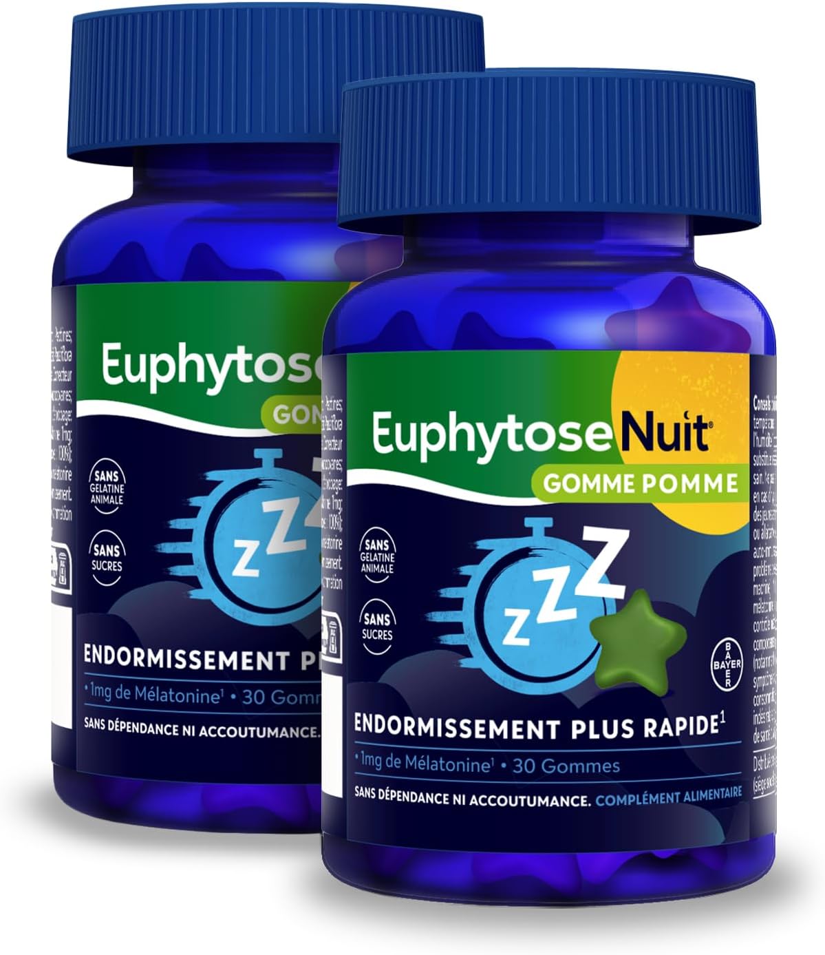 Gummies Sommeil à la Pomme, 1 mg Melatonine, complément alimentaire, Vitamine B6, Endormissement plus rapide* - 2x30 Gommes - Sans Sucres - Goût Pomme - EuphytoseNuit® 2x30 Gommes Pomme