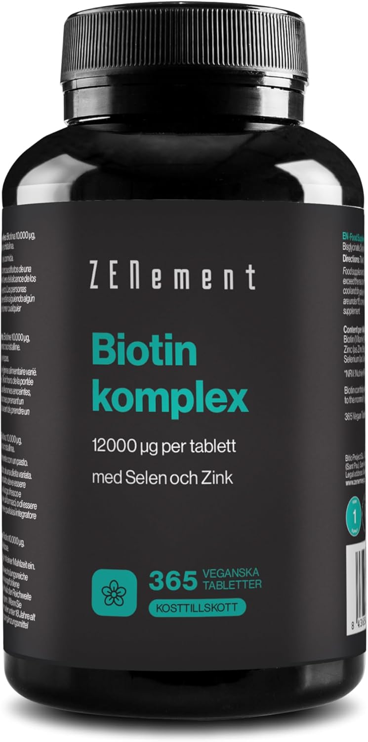 Biotine 12 000 mcg Haute Dose avec Zinc et Sélénium - 365 Comprimés Végans (Cure de 1 an) - Vitamines pour Cheveux, Peau et Ongles - Zenement