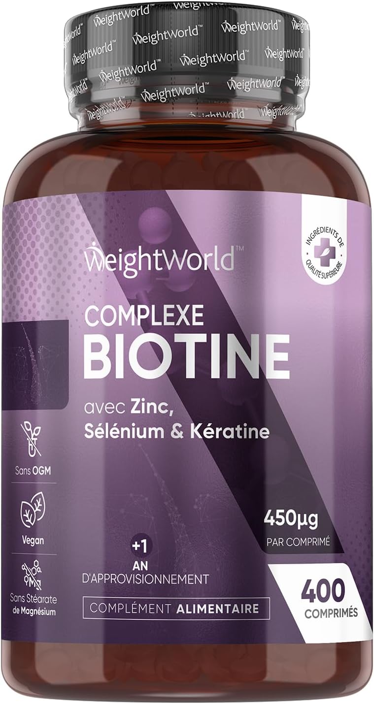 Biotine Cheveux Avec Kératine, Sélénium et Zinc - 400 Comprimés Vegan (+1 An) - Cheveux, Ongles & Peau (EFSA) - Sans Stéarate de Magnésium & Sans OGM - WeightWorld