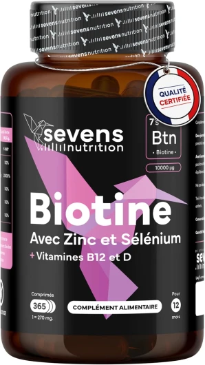 Biotine 10000 mcg Cheveux Peau Ongles – Complément avec Zinc Sélénium Vitamines B12 D – 365 comprimés – Sans Gluten Lactose – Sevens