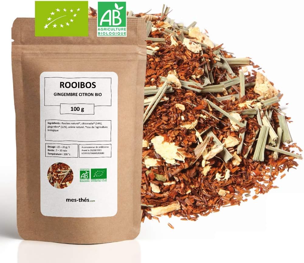 Rooibos Bio Gingembre Citron - 100g (40 tasses) - Thé en vrac 100% Agriculture Biologique - Mes-Thés