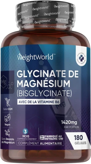 Magnésium Glycinate (Magnesium Bisglycinate) + Vitamine B6 Haute Dose 1420 mg, 180 Gélules Vegan 3 Mois - Fatigue, Stress, Équilibre Hormonal (EFSA), Magnésium Forte Absorption Optimale, Sans Gluten
