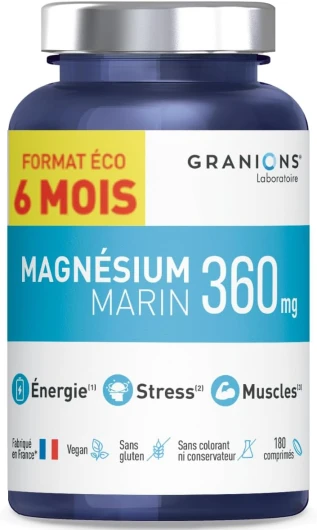 Magnesium Marin 360 mg - FORMAT 6 MOIS - Fabriqué en France - Magnésium + Vitamine B6 - Anti Stress - Magnésium Marin de Haute Qualité - 180 Comprimés de Magnesium