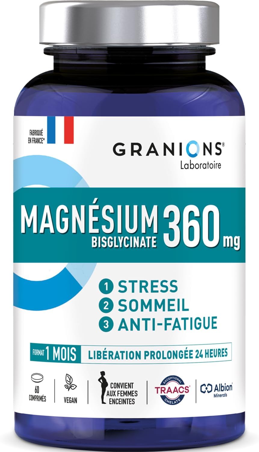 MAGNESIUM BISGLYCINATE 360 MG - GRANIONS - Magnesium Fort Dosage + Vitamine B6 - Anti Stress Adulte - Magnesium Bisglycinate 360 MG - Stress Fatigue - Magnesium 60 Comprimés - Fabriqué en France