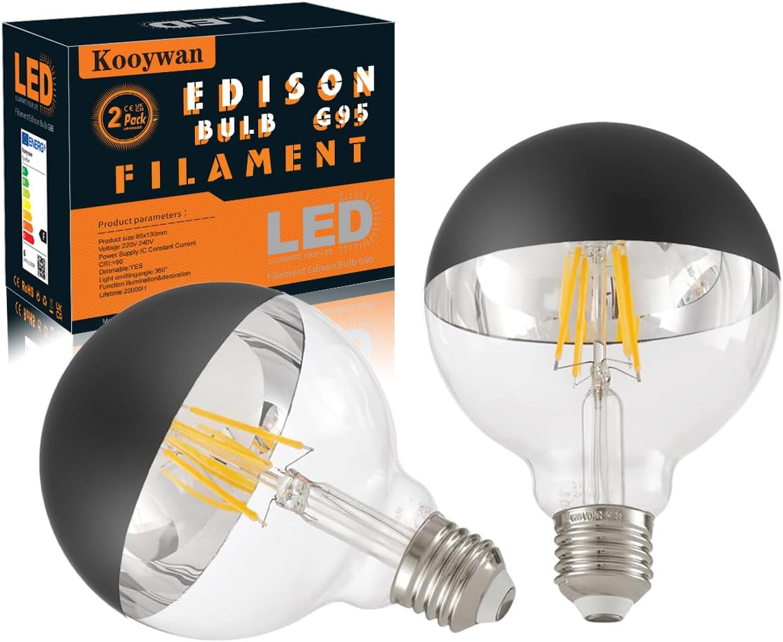 KOOYWAN G95 E27 Ampoule LED à filament 6 W Tête de miroir noir 2700K Blanc chaud Couronne noire Demi ampoule chromée sans ombre Lot de 2 Noir Mat