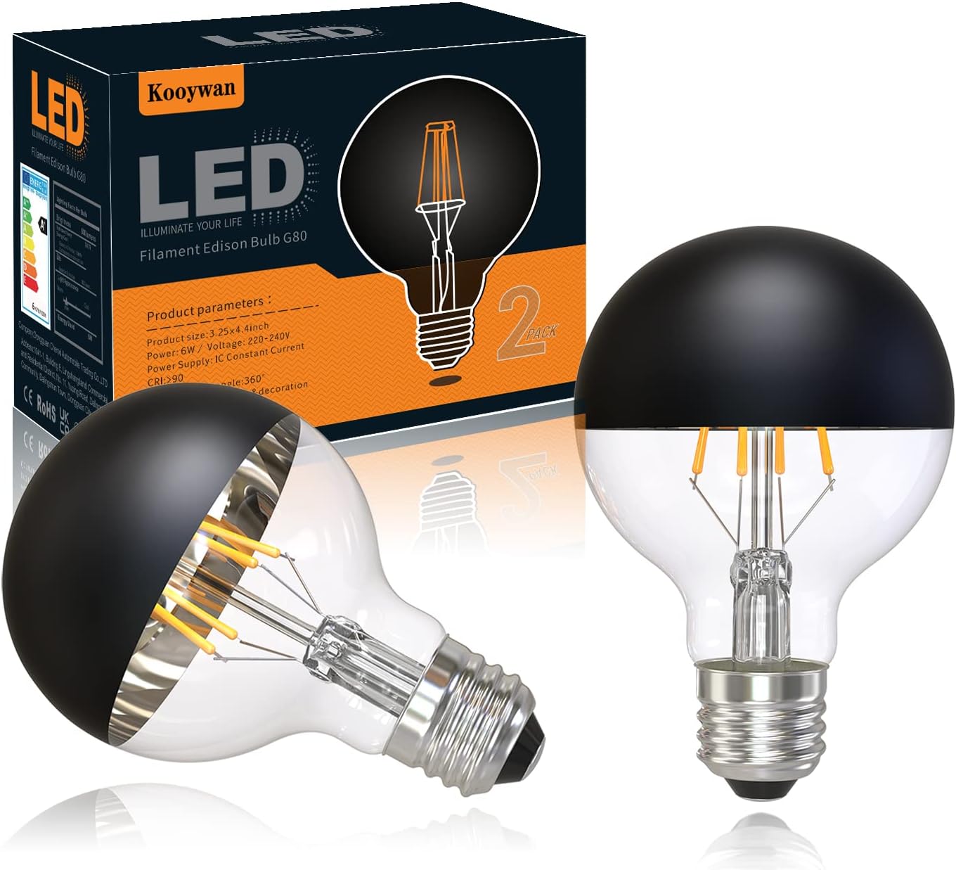 KOOYWAN Tête de miroir noir G80 E27 Ampoule LED à filament 6 W 2700K Blanc chaud Couronne noire Demi ampoule chromée sans ombre 2 unité Noir Mat 2pcs