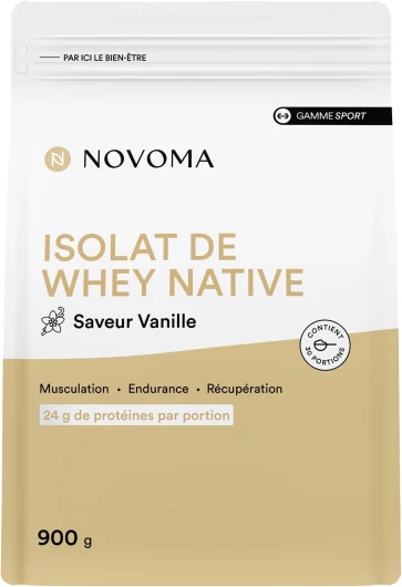 Whey Isolate Native, Protéine Pure Non Dénaturée, 24g de Protéines par Portion, Saveur Vanille, Musculation et Récupération, 30 Portions, Sachet 900g, Fabriqué en France