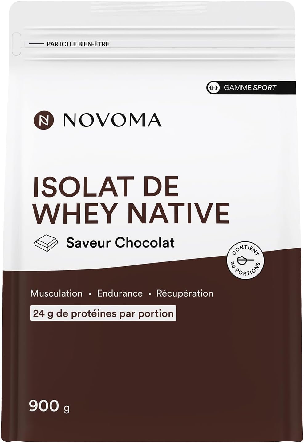 Whey Isolate Native, Protéine Pure Non Dénaturée, 24g de Protéines par Portion, Saveur Chocolat, Musculation et Récupération, 30 Portions, Sachet 900g, Fabriqué en France