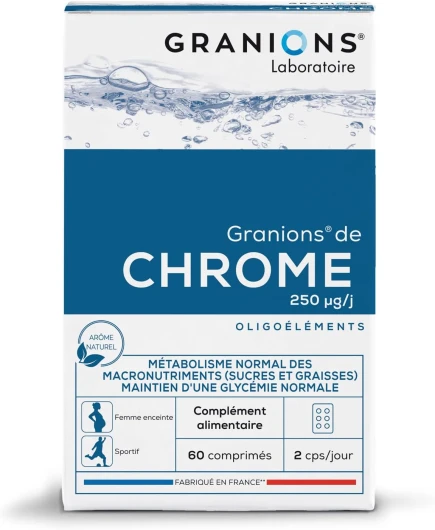 Chrome GRANIONS - 250 µg - Fabriqué en France - Maintien d'une glycémie normale - Coupe Faim - 60 comprimés