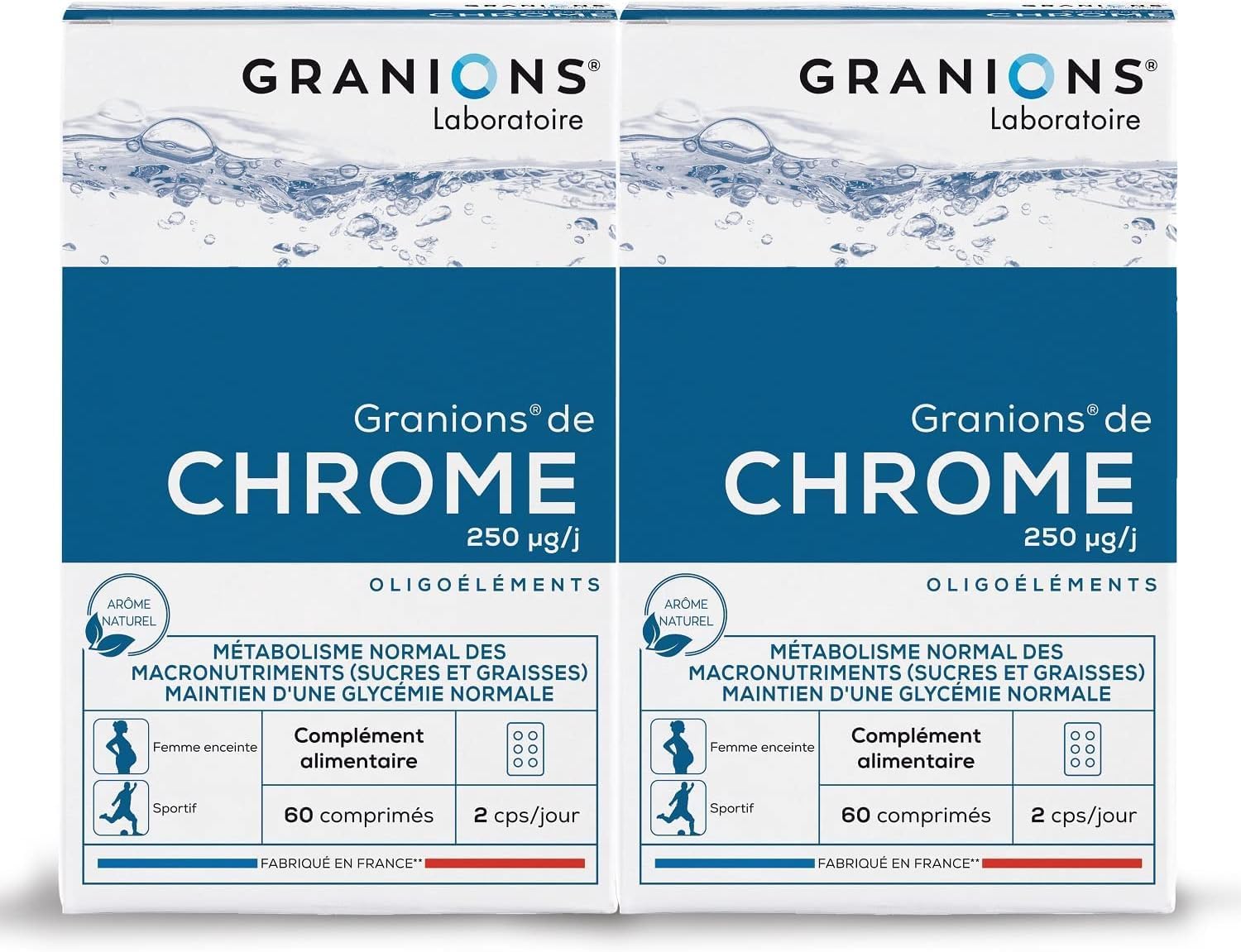 Chrome GRANIONS - 250 µg - Fabriqué en France - Maintien d'une glycémie normale - Coupe Faim - Lot de 2 x 60 comprimés