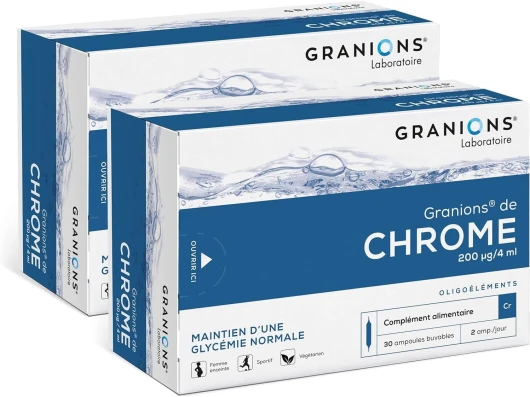 GRANIONS - Chrome - Maintien d'une glycémie normale - Chrome 200 µg - Pour toute la famille - Sans effets secondaires - Fabriqué en France - 2x30 ampoules Chrome 200 µg - Lot de 2x30 ampoules - GRANIONS