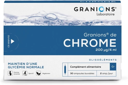 GRANIONS Chrome - 200 µg - Fabriqué en France - Maintien d'une glycémie normale - Coupe Faim - 30 ampoules