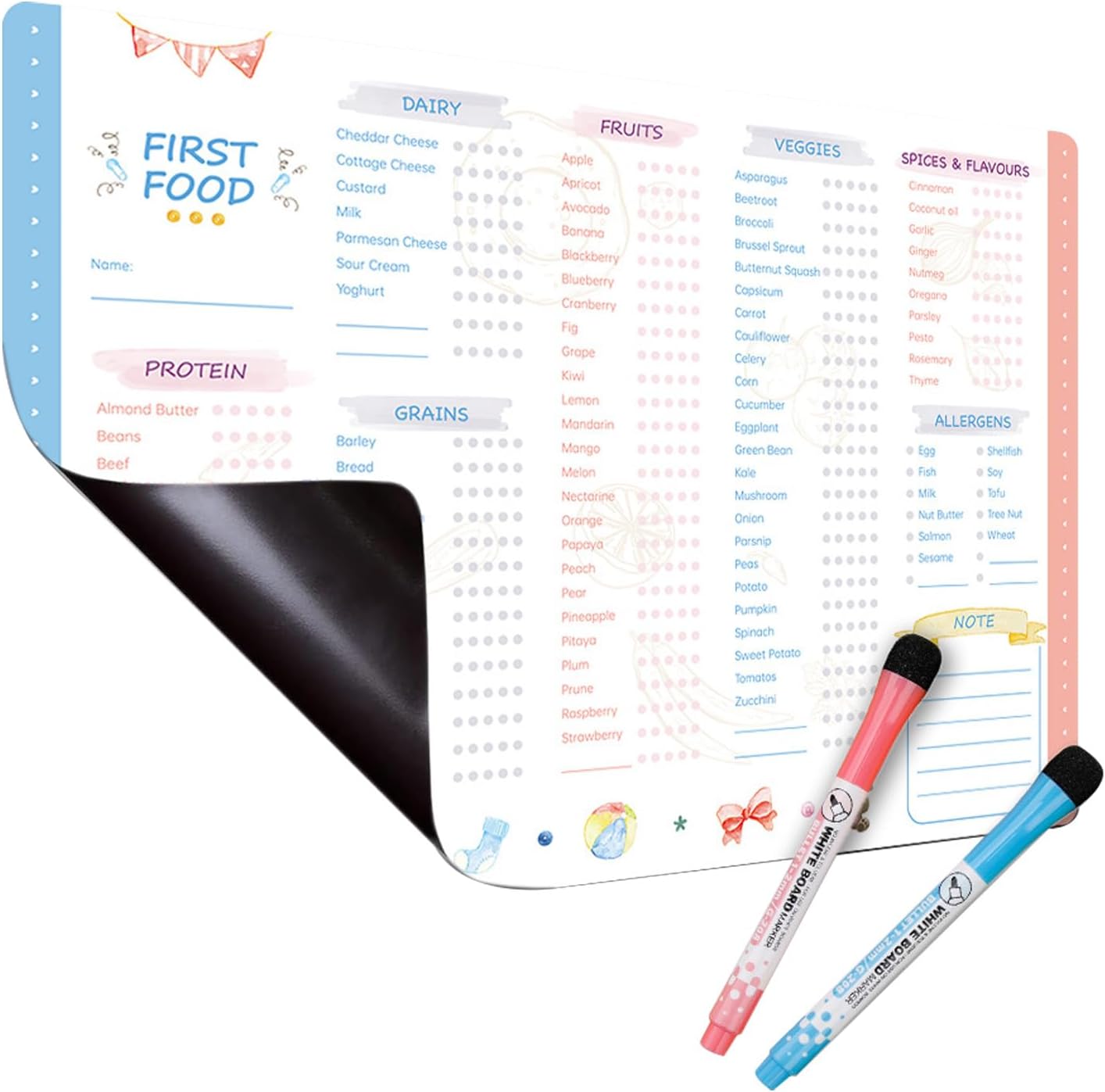 First Foods Chart - De Liste De Contrôle De Bébé Magnétique - Aide Au Suivi Des Repas - Food Tracker, Planificateur D'alimentation Pour La Première Fois, Multifonctionnelle Pour La Routi