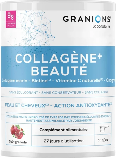 COLLAGENE +BEAUTE GRANIONS - Collagene Marin Poudre - Collagene et Acide Hyaluronique - Collagene Marin + Vitamine C + Biotine + Onagre - Beauté Peau et Cheveux - Saveur Grenade- Collagene Poudre 275g