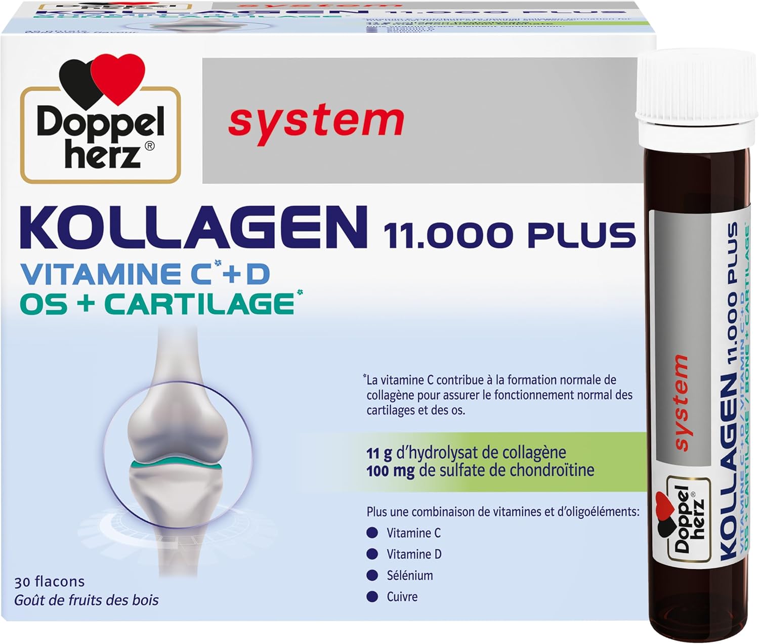 , Kollagen 11000 Plus, Hydrolysat de collagène et Vitamines C, D et minéraux, Pour les os, cartilages et muscles, Goût fruits des bois, 30 flacons de 25ml Violet 750 ml (Lot de 1)