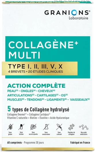 MULTI Collagene + Action 10 en 1-5 Types de Collagène - Collagene Marin, Collagene Type 2 - Vitamine C et Biotine - Sans Gluten - 20 études cliniques - 60 Comprimés - format 1 mois Collagène multi type