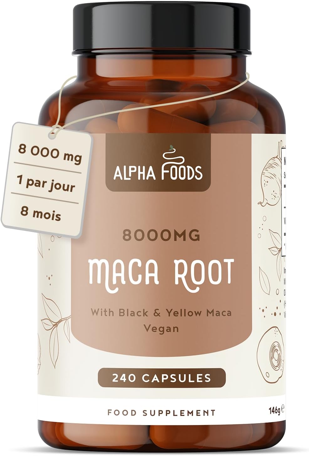 Maca Noire et Jaune 10:1 8000mg - 240 Gélules Vegan (8 Mois) - Haute concentration - Poudre de Maca Root Peruana Noir - pour Homme et Femme - Alpha Foods