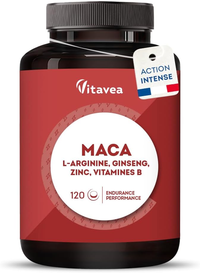Booster Puissant Performances Masculines - Maca Ginseng - Vigueur, Energie, Endurance, Musculation - 6 Actifs Puissants - L-Arginine, Zinc, Vitamines B6 & B12-120 comprimés - 2 mois - Vitavea