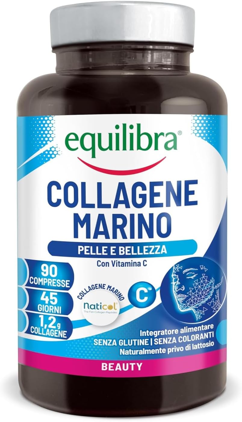 Equilibra, Naticol Collagène marin hydrolysé, 90 Comprimés, 1200 mg de Collagène par dose, 80 mg de Vitamine C par dose, Collagène de Type I et III, Maintien de l'Elasticité de la Peau