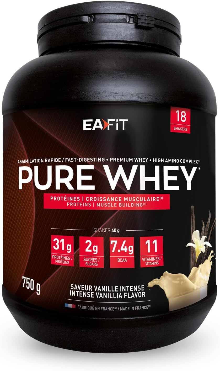 Pure Whey Vanille - EAFIT - Protéine - 31g de protéines Whey+7,6g de BCAA/shaker+magnesium - Musculation,Maintien et construction de la masse musculaire-Whey protein pour le sport - 750g Vanille Intense 18 Portions (Lot de 1)