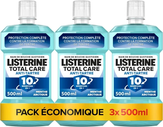 Listerine, Bain de Bouche Total Care Anti-Tartre (lot de 3 bouteilles de 500 ml) – Soin bucco-dentaire contre la formation de tartre – Bain de bouche pour une haleine fraîche durable 1.5 l (Lot de 1)