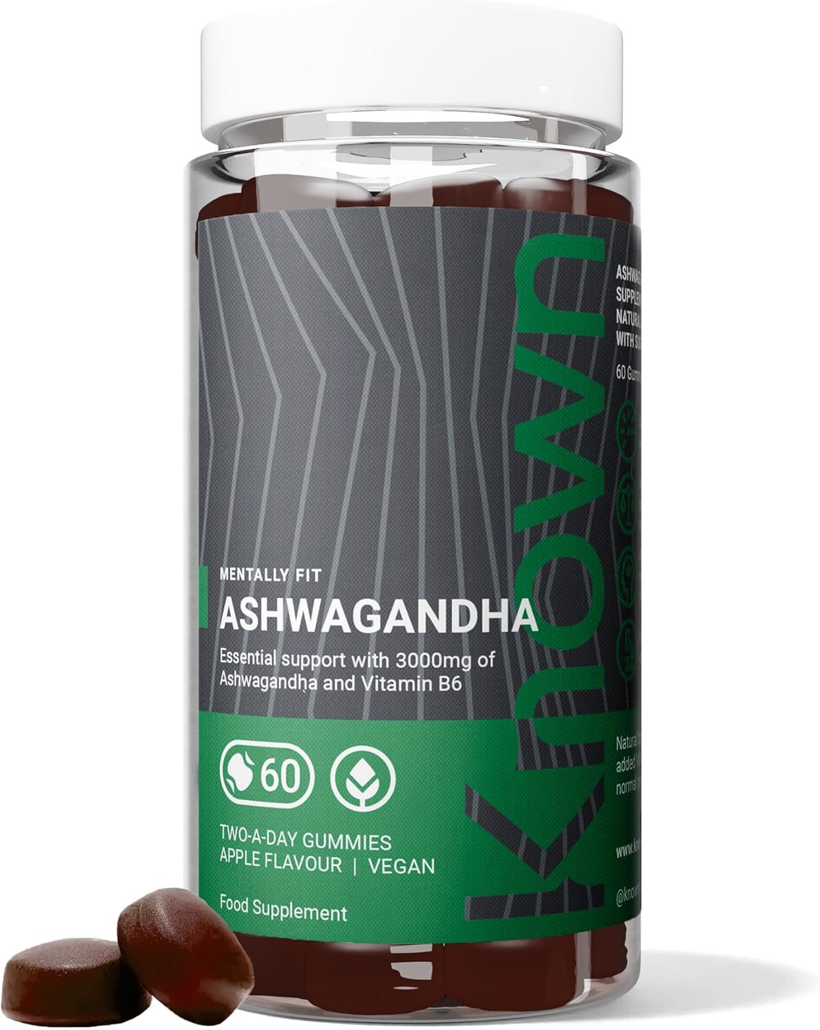 Gommes Ashwagandha 3000MG Haute Puissance de Known Nutrition avec Vitamine B6 - 60 Gommes Deux par Jour - Extrait Botanique Naturel - pour la Réduction Naturelle du Stress - Saveur Pomme