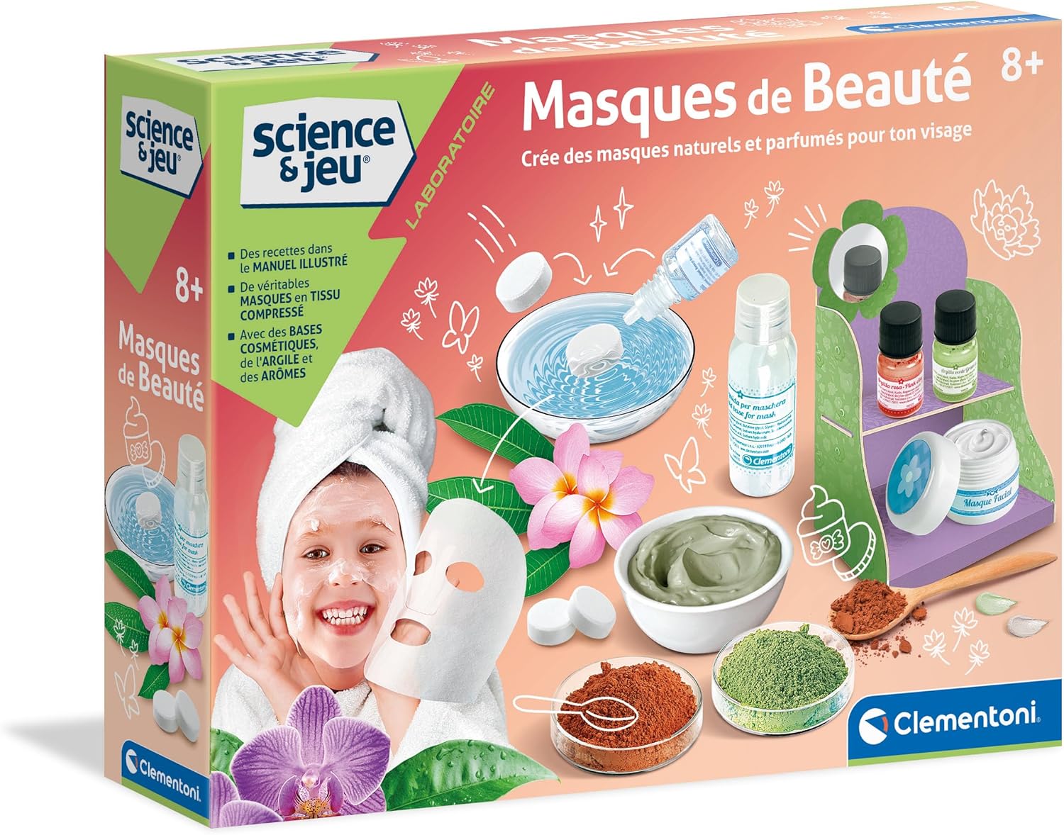 Clementoni - Science & Jeu Masques De Beauté pour Enfant 8 Ans+ - Crée Tes Propres Soins Naturels - Argile Verte & Rose - Arôme Barbe À Papa - Activité Spa DIY - Coffret Cosmétique Éducatif