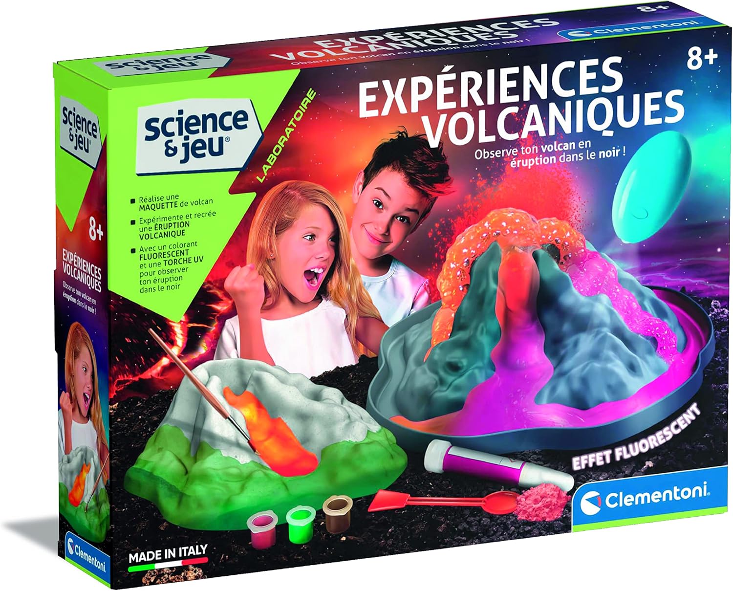 Clementoni - Science & Jeu – Expériences Volcaniques pour Enfants 8 Ans+ - Kit Scientifique Fluorescent avec Torche UV et Pigment Néon - Création de Volcan Éruptif - Activité Éducative Chimie Géologie