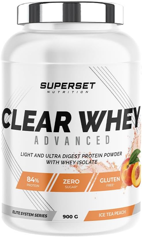 Clear Whey Advanced (900g) - 84% de protéines, effet satiétogène, riche en BCAAs et L-glutamine - Isolat de lactosérum faible en calories - Ice Tea Pêche