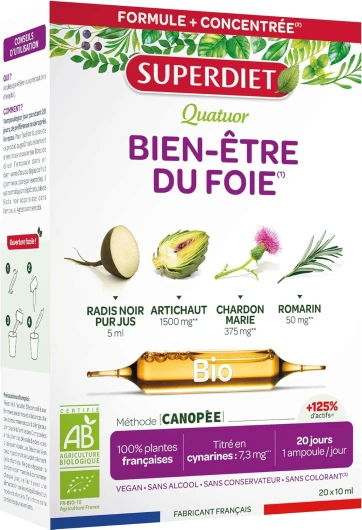 QUATUOR DIGESTION BIO-Bien-être du foie -Radis Noir Artichaut Chardon Marie Romarin-Fabrication Française-20 Ampoules de 10ml