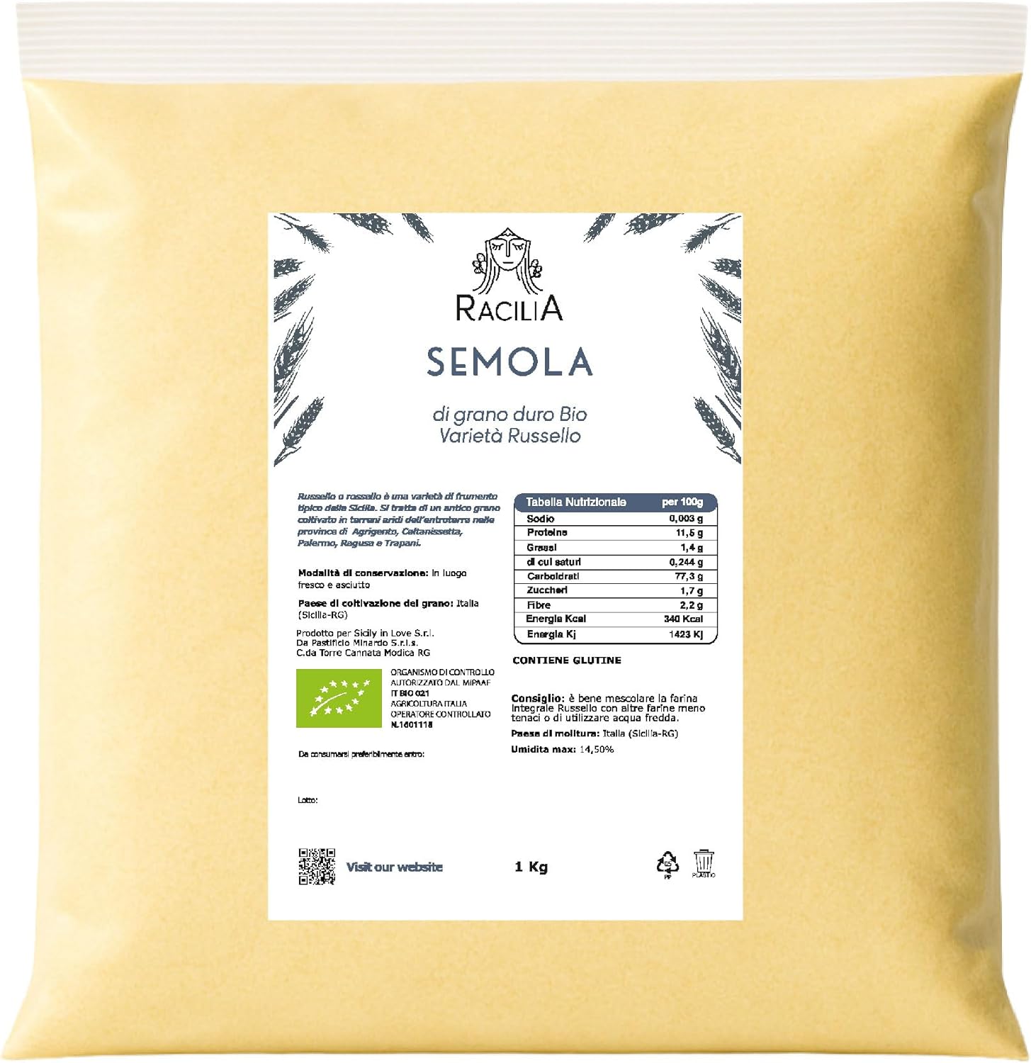 Farine de Semoule de Blé Dur Bio Russello - Biologique 100% Grain Ancien Sicilien et Organique- Riche en Fibres et en Protéines (1 kg (Emballage de 1))