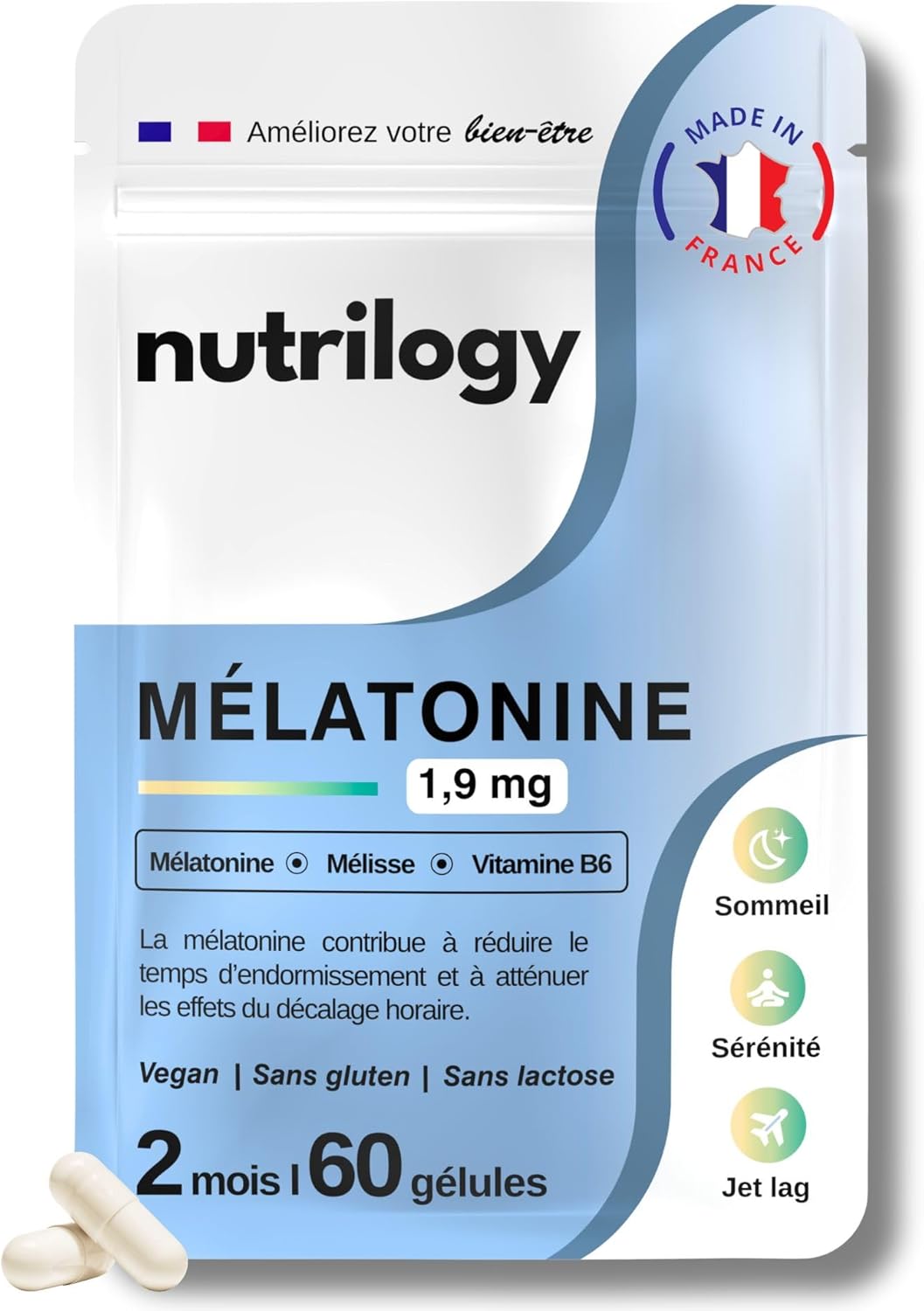 Mélatonine 1,9 mg - Sommeil Réparateur, Endormissement Rapide & JetLag - Avec Mélisse & Vitamine B6 - 2 Mois - 60 Gélules - Complément Alimentaire Vegan & Fabriqué en France - NUTRILOGY