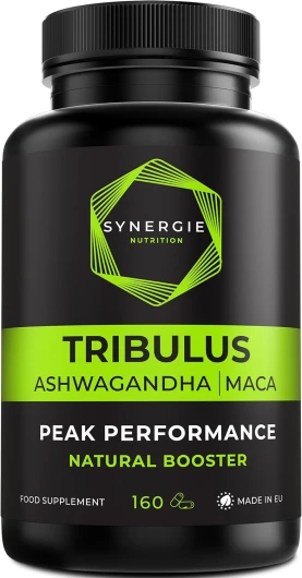Tribulus Terrestris - Extrait de fruit avec 90% de saponines, Ashwagandha 10:1, Maca noire 10:1, Zinc, Sélénium, Calcium & Vitamine D – 160 gélules – Complément alimentaire de Synergie Nutrition