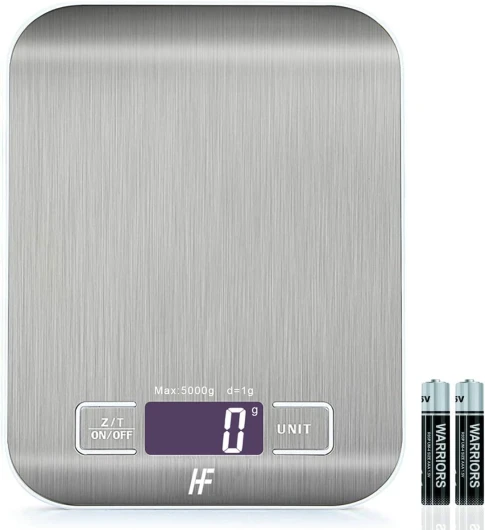 HomeFashion Balance de Cuisine Électronique de Haute Précision 5000g/1g avec Écran LCD Rétroéclairé, 6 Unités et Fonction Tare Acier Inoxydable, Piles incluses