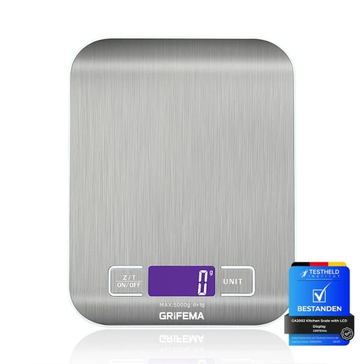 GA2002 Balance de Cuisine Électronique de Haute Précision 5000g/1g avec Écran LCD Rétroéclairé, 6 Unités et Fonction Tare Acier Inoxydable, Smart Digital, pour Alimentaire Multifonctionnel Unique
