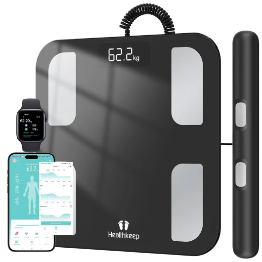 Balance Connectée Pèse Personne Impédancemètre Balance Digitale avec 8 Electrodes, Haute Précision, Composition Corporelle Complète avec 18 Données de Base, Écran LED, Grande Surface Noir