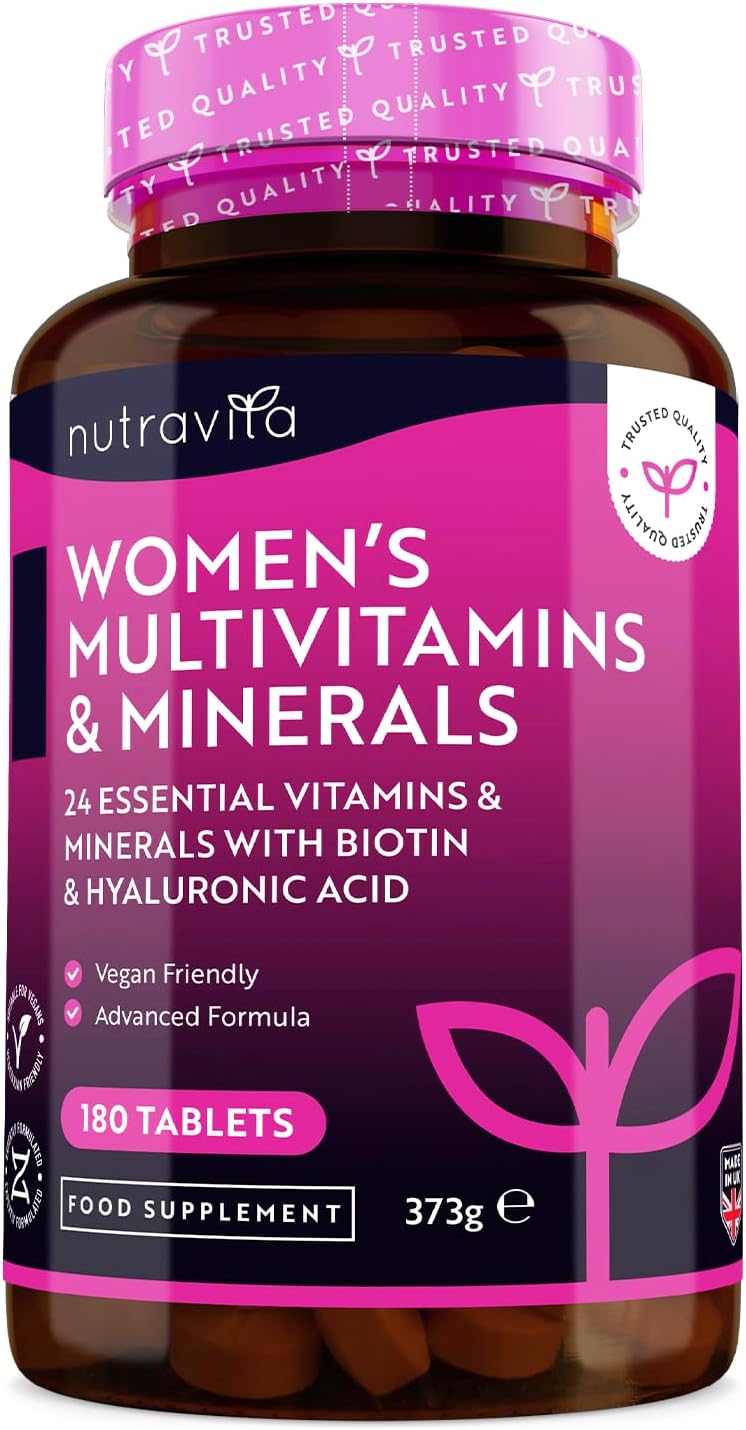 Multivitamines et minéraux pour femmes - 24 vitamines et minéraux actifs essentiels, y compris la biotine et l'acide hyaluronique - 180 comprimés végans - Fabriqué par Nutravita
