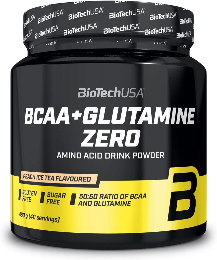 BCAA + Glutamine Zero - 40 portions - Vegan - Sans sucre - Sans gluten - Rapport 2:1:1 BCAAs - 480 g - Thé glacé à la pêche