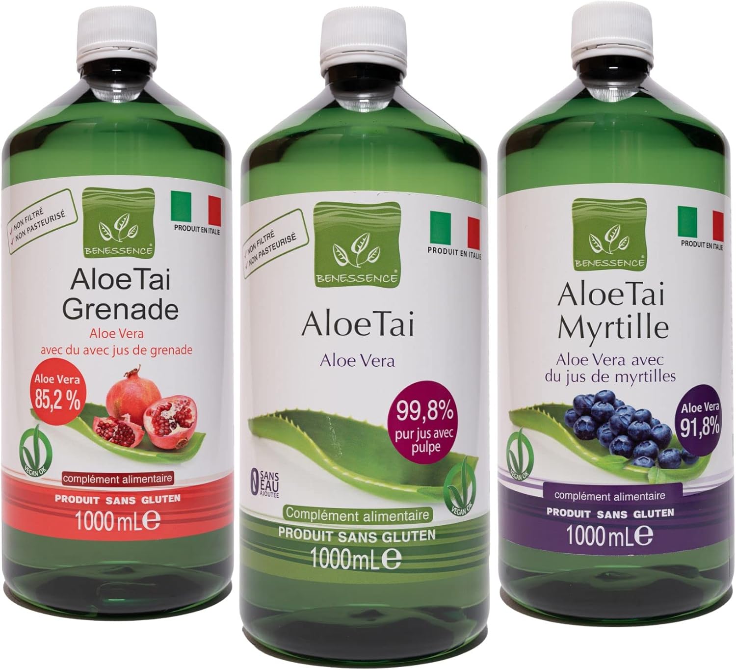 Jus d'Aloe Vera aux Myrtilles - Jus et Pulpe d'Aloe Vera à Boire Non Pasteurisés et Non Filtrés - Jus d'aloe vera au jus de grenade - Mélange de jus d'aloès 3L - Fabrique en Italie Aloe Mix 1 l (Lot de 3)