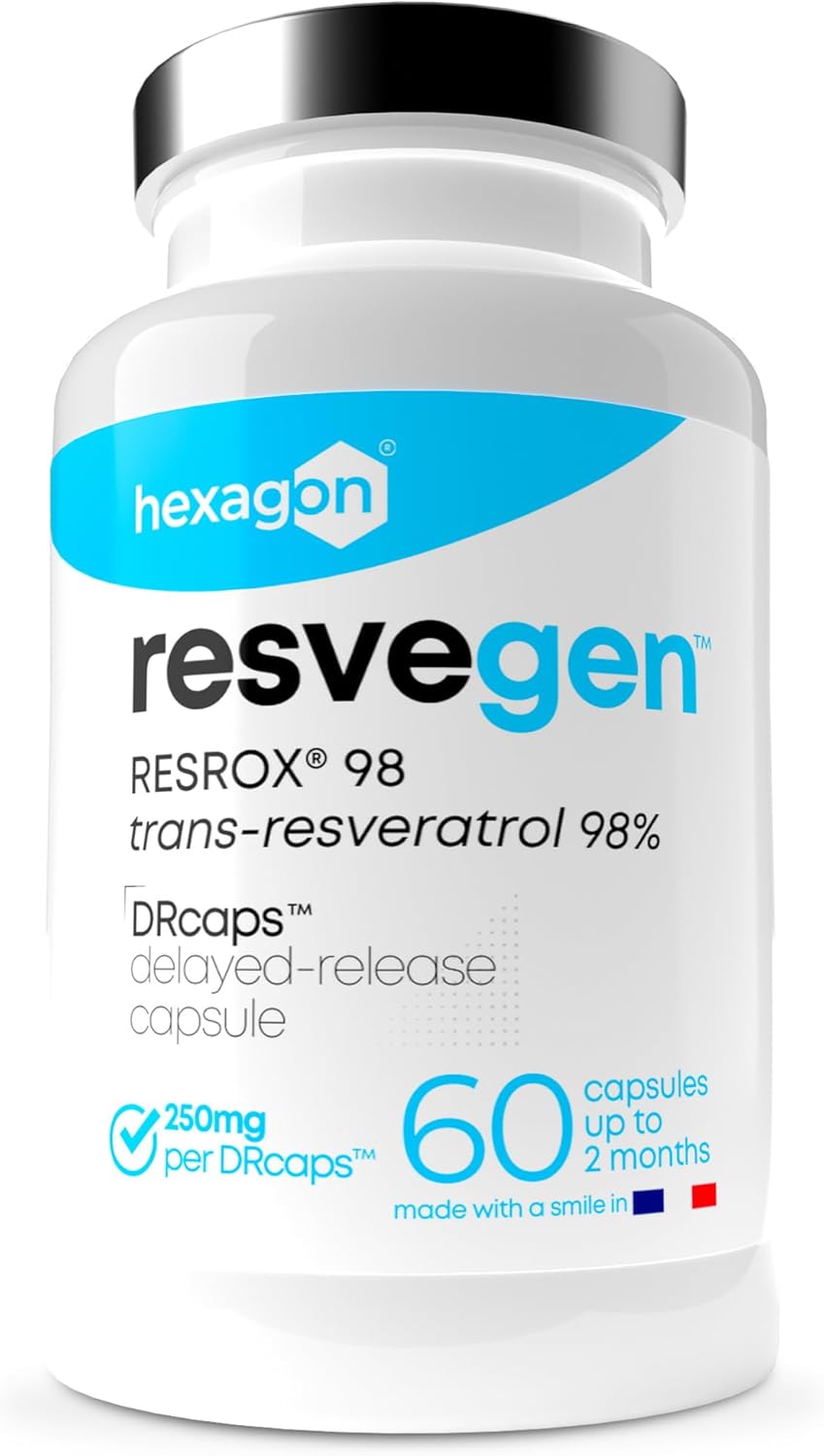 Resveratrol - Trans-Resveratrol 98% labellisé RESROX® - 60 Gélules DRcaps™ Libération Retardée 250mg - Resvegen™ Haute Disponibilité - Antioxydant & Anti-Aging - Fabriqué en France - Vegan - Hexagon
