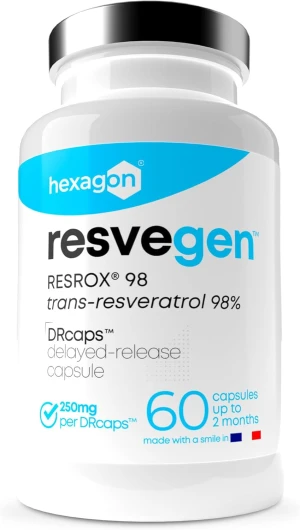 Resveratrol - Trans-Resveratrol 98% labellisé RESROX® - 60 Gélules DRcaps™ Libération Retardée 250mg - Resvegen™ Haute Disponibilité - Antioxydant & Anti-Aging - Fabriqué en France - Vegan - Hexagon