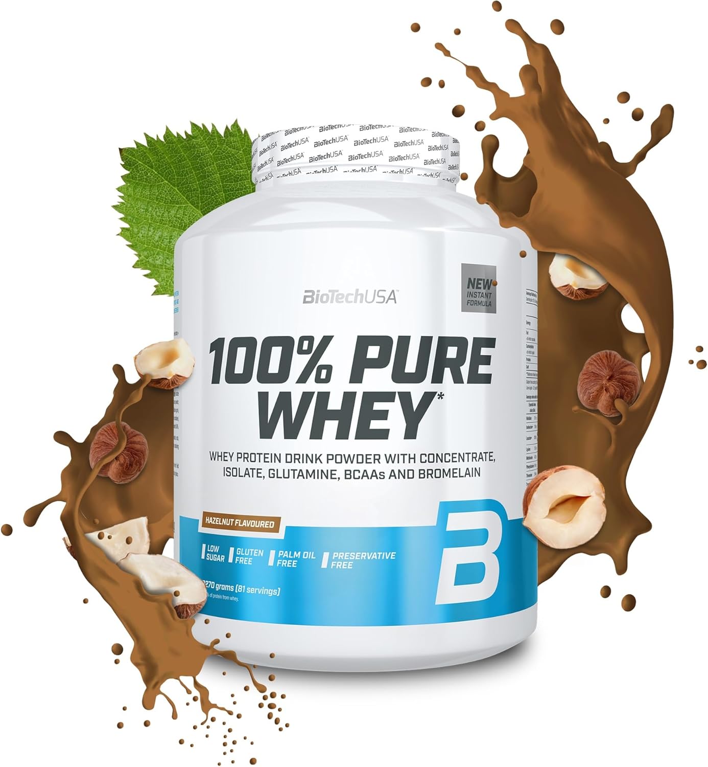 100% Pure Whey - Poudre de protéines avec BCAA et Glutamine - Sans gluten, sans huile de palme - 21g de protéines par portion, 2.27 kg, Noisette Noisette 2.27 kg (Paquete de 1)