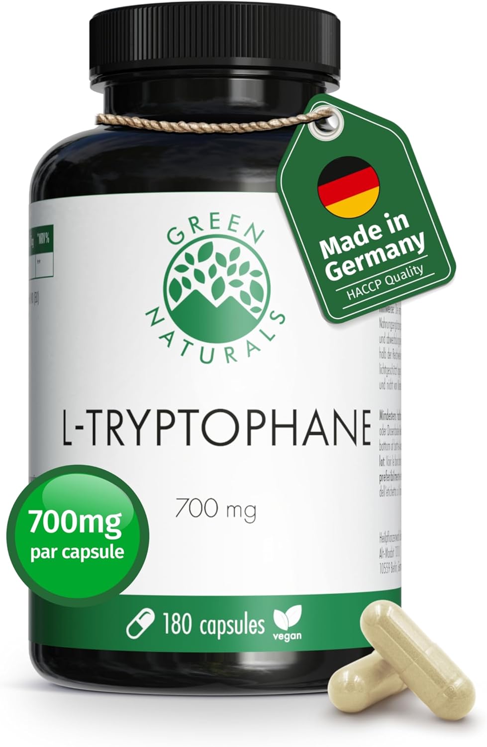 L-Tryptophane - Hautement dosé: 700 mg par gélule - 6 mois d'approvisionnement (180 gélules) - Végétalien & sans additifs - Green Naturals®