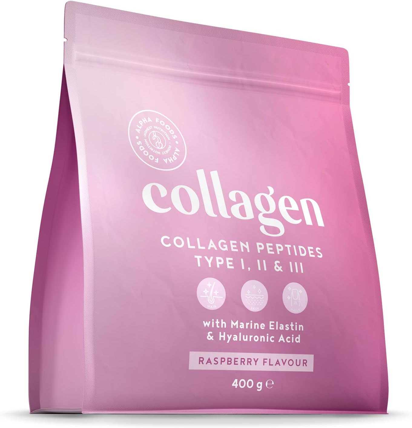 Collagene Poudre [400gr] - Collagen Peptides (Type I, II & III) - Élastine Marin + Acide Hyaluronique - Collagène Hydrolysé en Poudre - Goût Framboise - Alpha Foods
