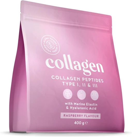 Collagene Poudre [400gr] - Collagen Peptides (Type I, II & III) - Élastine Marin + Acide Hyaluronique - Collagène Hydrolysé en Poudre - Goût Framboise - Alpha Foods