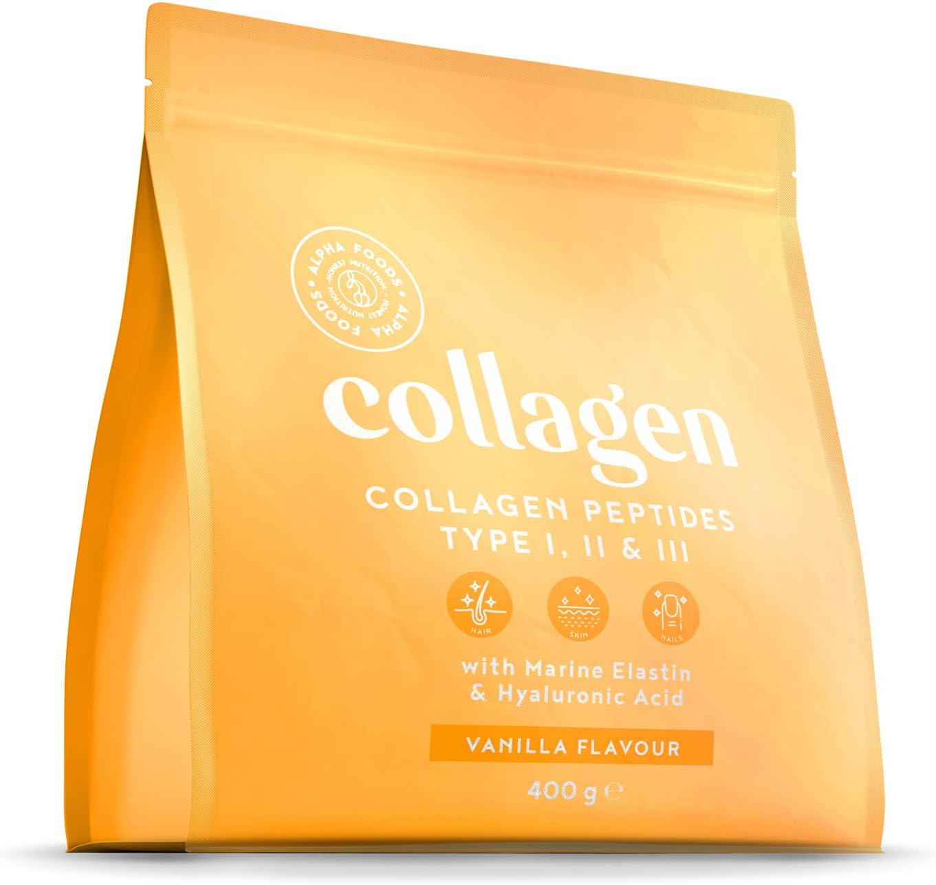 Collagene Poudre [400gr] - Collagen Peptides (Type I, II & III) - Élastine Marin + Acide Hyaluronique - Collagène Hydrolysé en Poudre - Vanille - Alpha Foods
