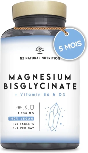 Magnésium Bisglycinate 450mg avec Vitamine B6 et D3 - 150 Comprimés pour 5 Mois - 2250 mg de Bisglycinate de Magnesium Pur Haute Absorption - Sommeil, Stress, Muscles - Vegan - N2 Natural Nutrition 150 unité (Lot de 1)
