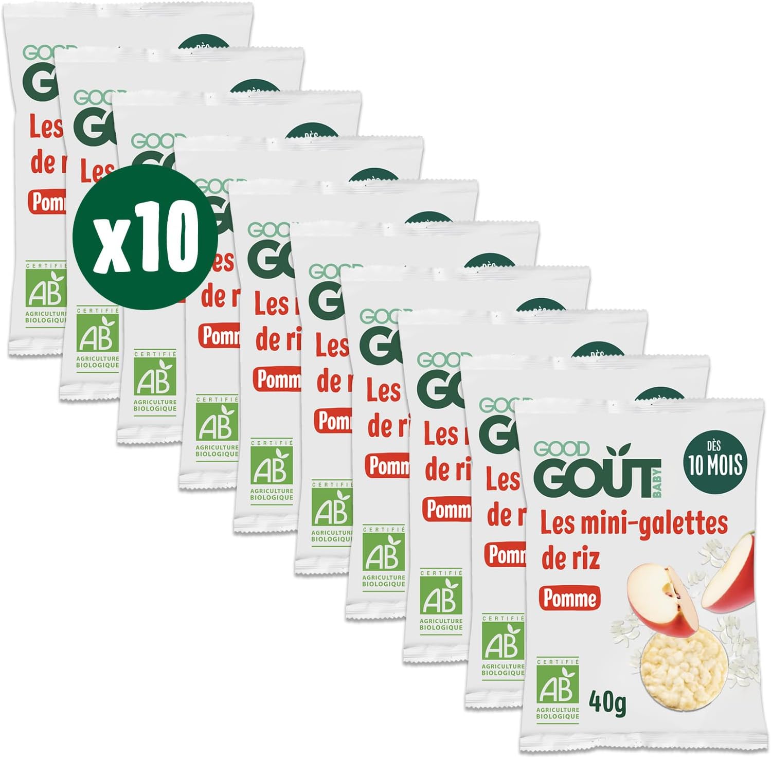GOOD GOÛT - Mini-Galettes De Riz Pomme - Biscuits Bébé - Dès 10 Mois - Légères Et Fondantes - Format Nomade - 10x40g
