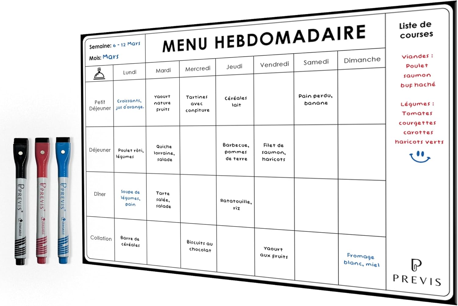 PREVIS Planificateur de Menus A4 (21x29cm) Inclus 3 Marqueurs Magnétiques de Couleur- Menu Semaine Frigo Magnetique - Tableau Magnetique frigo avec Petit Déjeuner, Dîner, Collation - Idéal familles